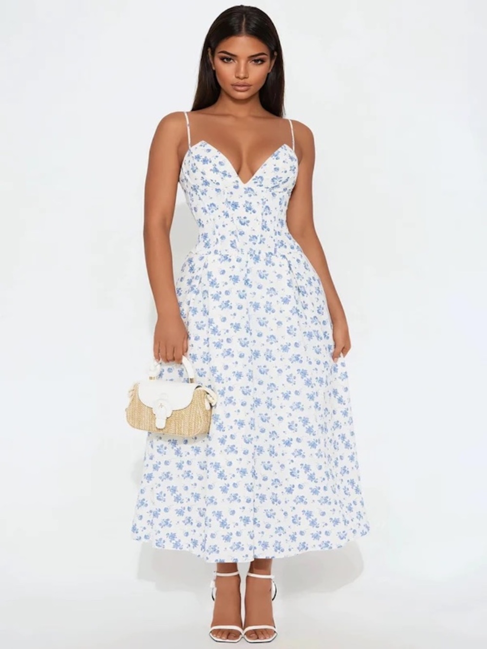 Fashion Nova "Estella" Midi Dress.  White & Blue floral, size XL. NWT
